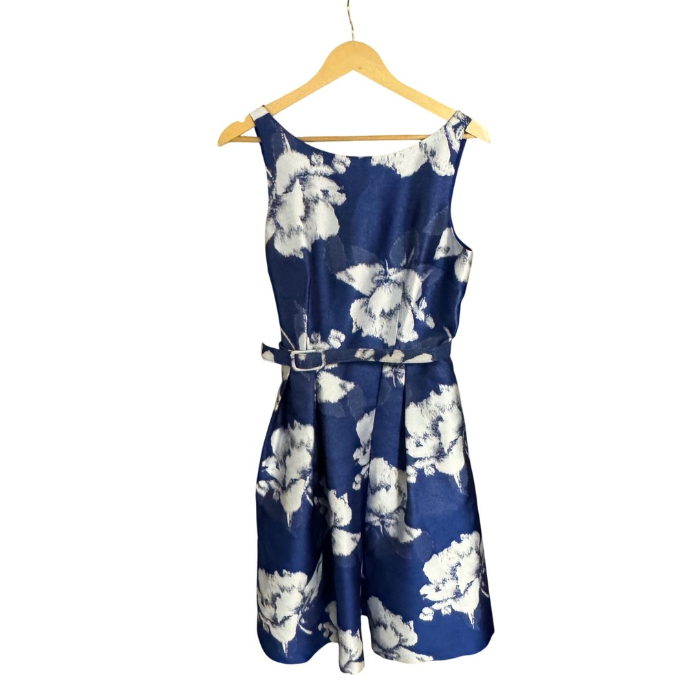 Eliza Jβ Blue White Floral Jacquard Fit Flare Belted Cocktail Dress Size 10